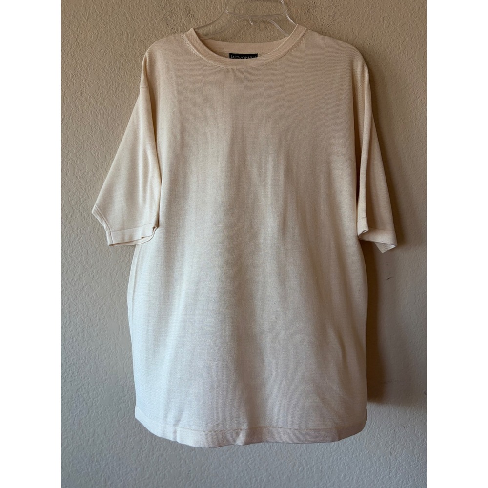 Kevoman Mens Silk Knit Short Sleeve Sweater Cream Ivory Crew Neck Size M